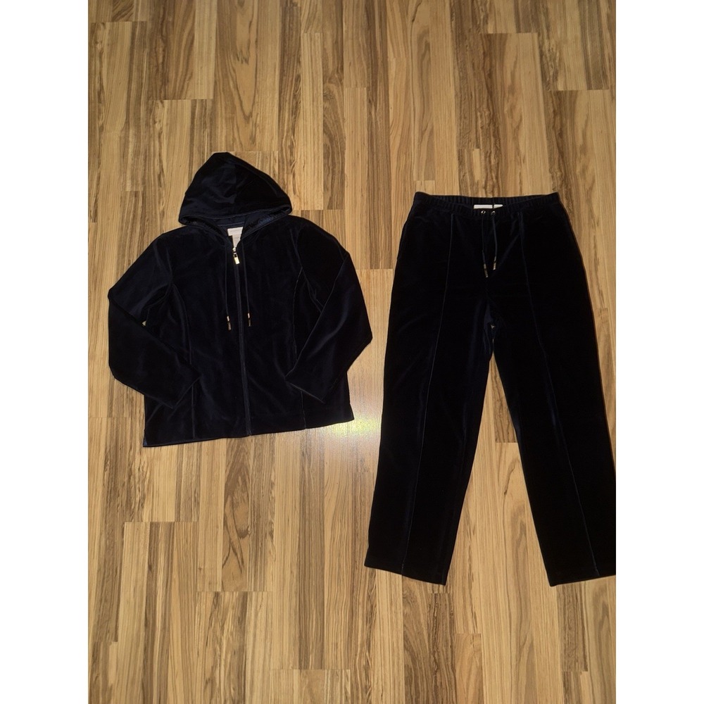 Liz Claiborne Sz M Petite Navy Velour Outfit Zip Up Hooded Track Jacket Pant Set